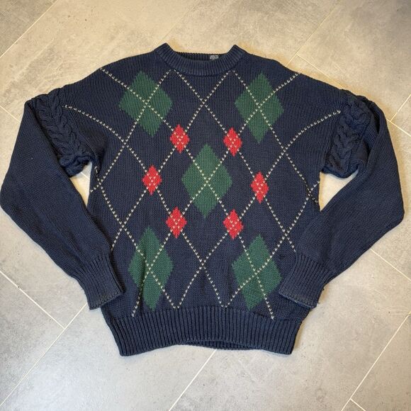 Vintage Structure Sweater Men’s XL Blue Argyle Cable Knit Sleeves Heavyweight - Picture 1 of 13